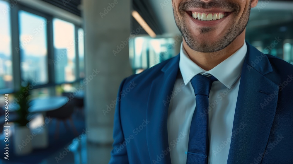 Blue-suited businessman smiling at the camera, close-up portrait with a modern office background and cityscape view, copy space on the right. Blue-suited businessman smiling at the camera, close-up portrait with a modern office background and cityscape view, copy space on the right.