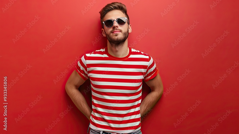 Man in Striped Shirt with Sunglasses Against Red Wall Man in Striped Shirt with Sunglasses Against Red Wall