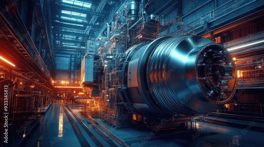 Large industrial machine in a dimly lit factory setting. Large industrial machine in a dimly lit factory setting.