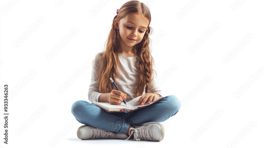 Little girl writing in a notebook while sitting with her legs crossed on a white background. Little girl writing in a notebook while sitting with her legs crossed on a white background.