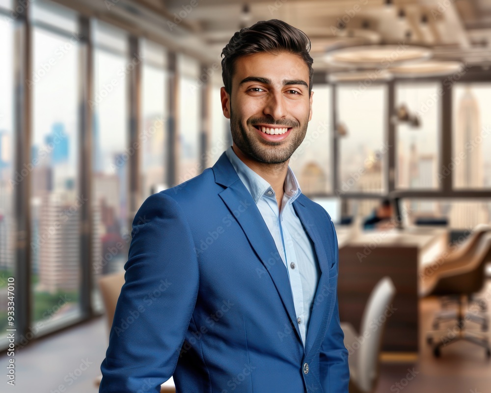 Portrait of a handsome businessman in a blue suit, smiling at the camera, with a modern office interior and cityscape in the background, copy space on the right. Portrait of a handsome businessman in a blue suit, smiling at the camera, with a modern office interior and cityscape in the background, copy space on the right.