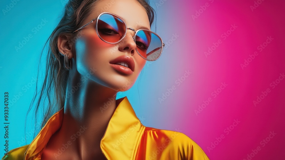 A woman in a yellow shirt and sunglasses is posing for a photo A woman in a yellow shirt and sunglasses is posing for a photo