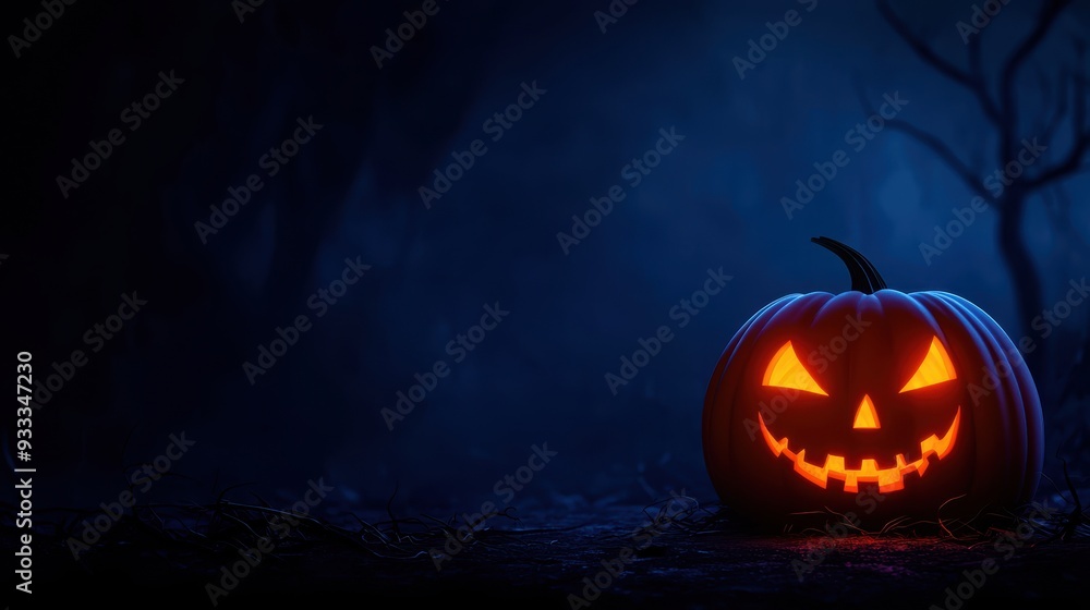 Naklejka premium Spooky Cartoon Pumpkin with Ghostly Aura in Haunted House at Eerie Night, Copy Space, Selective Focus,