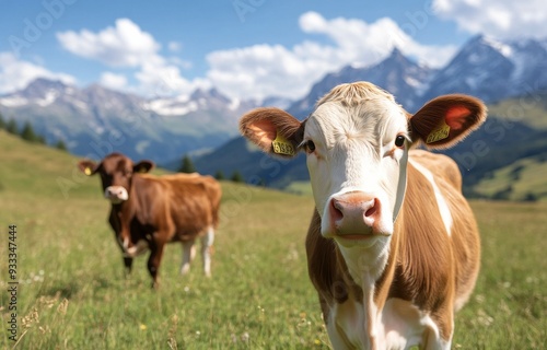 Brown cows grazing in a sunny alpine meadow with mountains in the background