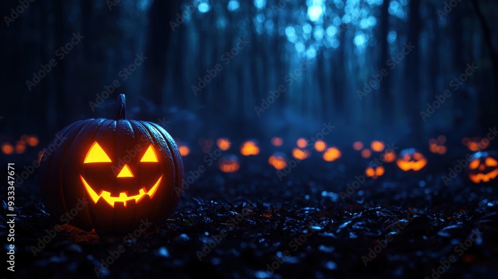 Spooky Haunted Pumpkin Patch in Dark Forest on Foggy Night with Copy Space, Selective Focus Cartoon Background Spooky Haunted Pumpkin Patch in Dark Forest on Foggy Night with Copy Space, Selective Focus Cartoon Background