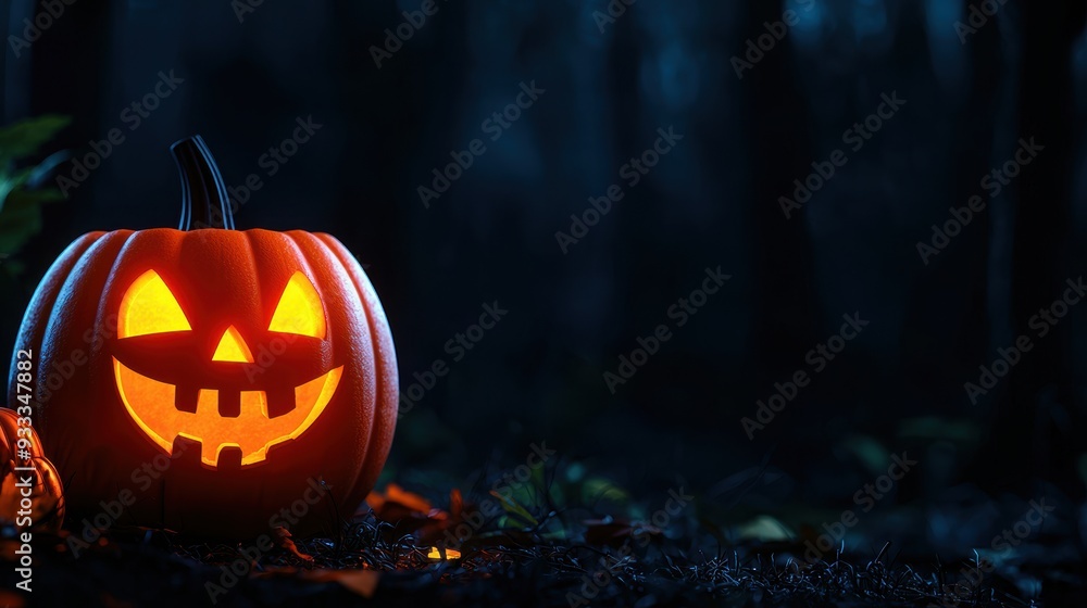 Spooky Haunted Jack-o'-lantern in Cartoon Style Eerie Forest at Dark Night with Copy Space, Ultra HD - Selective Focus Spooky Haunted Jack-o'-lantern in Cartoon Style Eerie Forest at Dark Night with Copy Space, Ultra HD - Selective Focus