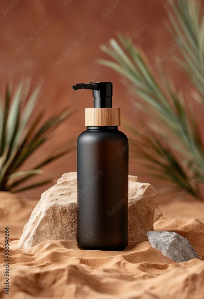 Elegant black pump bottle with bamboo accents, set on sandy terrain, surrounded by textured stones and gentle greenery, evoking a serene, minimalist aesthetic. Elegant black pump bottle with bamboo accents, set on sandy terrain, surrounded by textured stones and gentle greenery, evoking a serene, minimalist aesthetic.