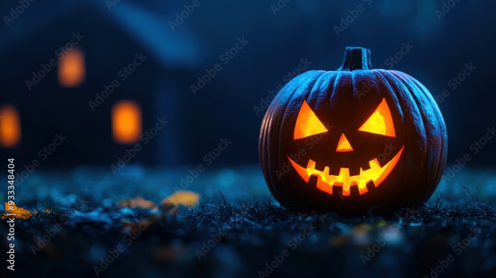 Spooky Pumpkin Face in Cartoon Style Haunted House with Eerie Glow and Copy Space, Ultra HD - Halloween Concept Spooky Pumpkin Face in Cartoon Style Haunted House with Eerie Glow and Copy Space, Ultra HD - Halloween Concept
