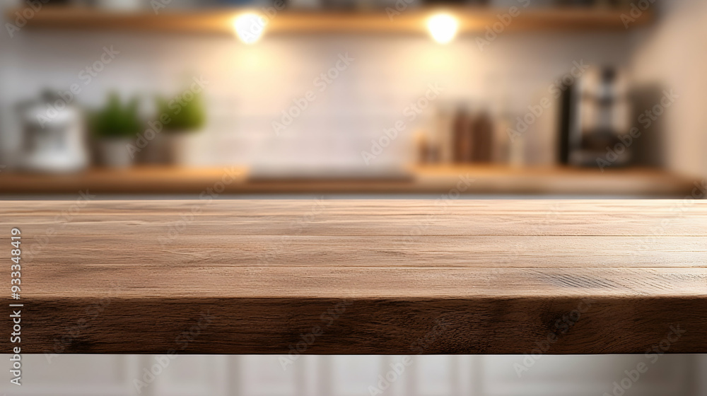 Wooden table on blurred kitchen bench background. Empty wooden table and blurred kitchen background Wooden table on blurred kitchen bench background. Empty wooden table and blurred kitchen background