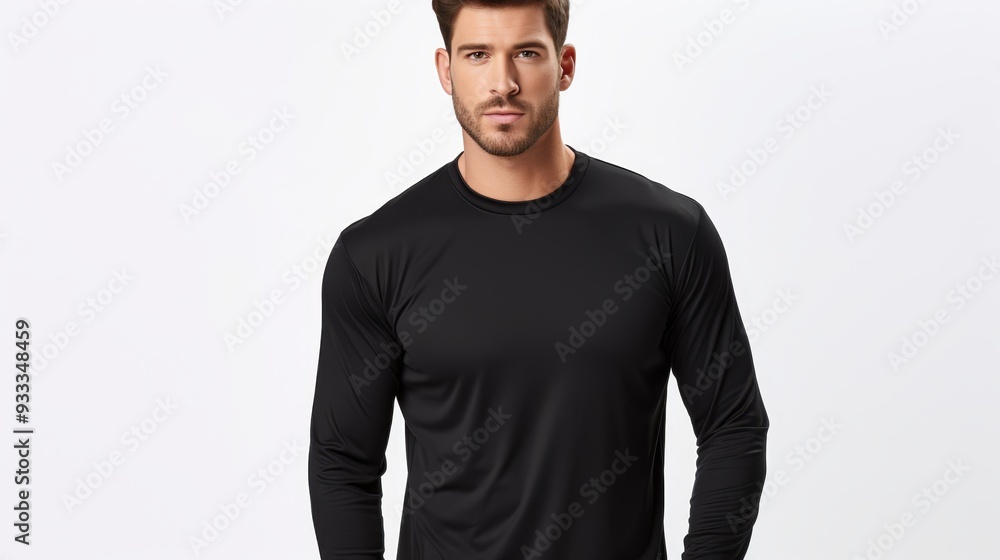 Obraz premium Athletic man showcasing plain black boxer shorts mockup on white background for sportswear display