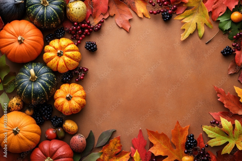 Fototapeta premium Fall Harvest Border with Pumpkins, Gourds, and Autumn Leaves