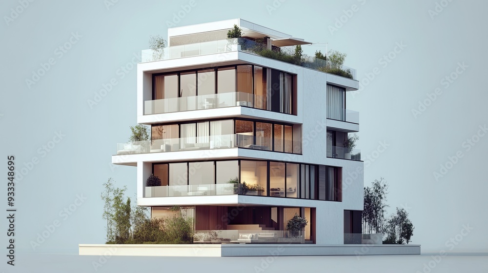 Modern apartment building with balconies and greenery. Modern apartment building with balconies and greenery.