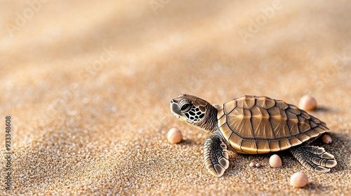 A tiny sea turtle hatchling emerging from the sand, surrounded by eggs, ready to embark on its journey to the ocean.