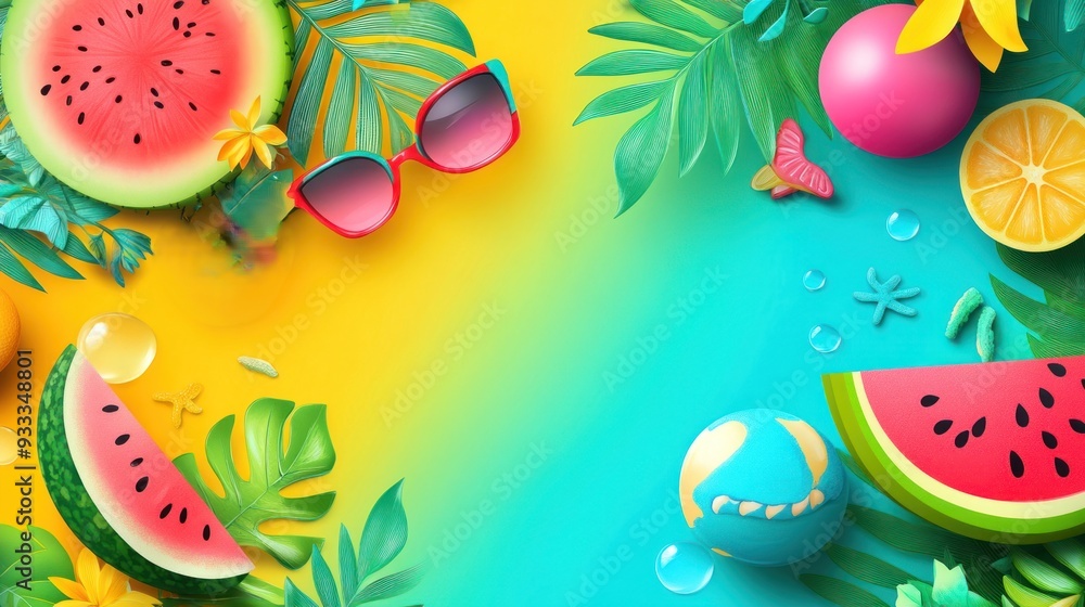 A colorful fruit and beach scene with a yellow background A colorful fruit and beach scene with a yellow background