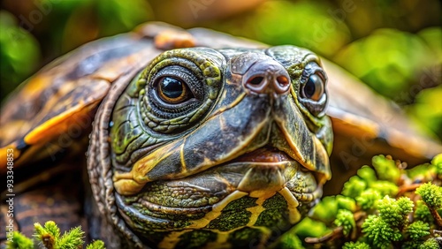 A macro view of a turtle's weathered, moss-covered head, with aged eyes and wrinkled skin, set against a blurred natural background of aquatic plants.