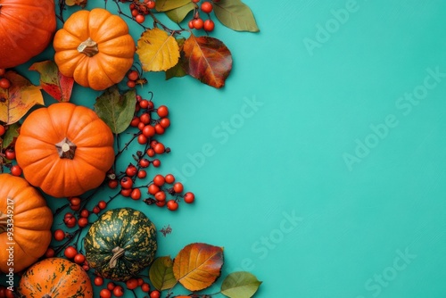 Pumpkins, Berries, and Leaves on a Turquoise Background