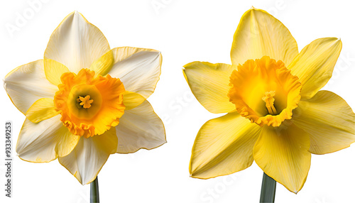 Full size yellow spring daffodil flower on a white isolated background. Generative AI.