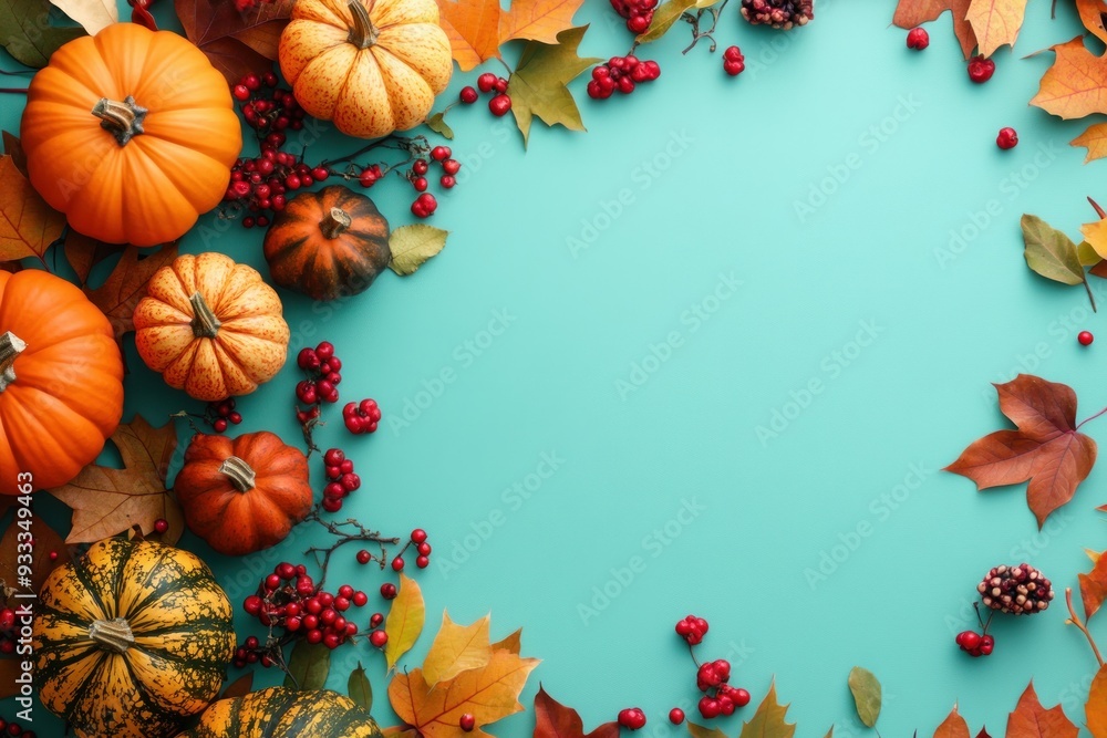 Autumnal Arrangement of Pumpkins, Leaves, and Berries on Turquoise Background Autumnal Arrangement of Pumpkins, Leaves, and Berries on Turquoise Background