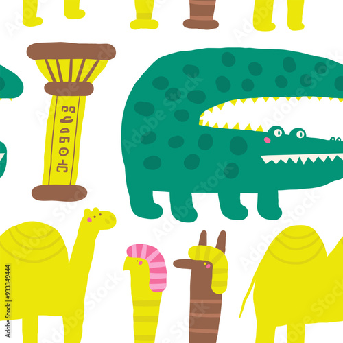 Cute ancient Egypt seamless pattern. Funny hand drawn doodle repeatable pattern with camel, crocodile, column with hieroglyph, animal gods. Old civilization, desert, arab theme background