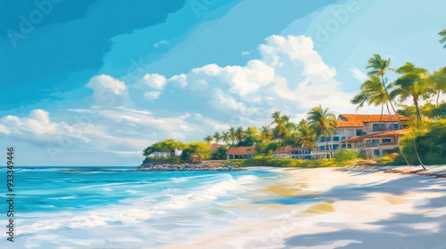 A beach scene with palm trees and houses in the background