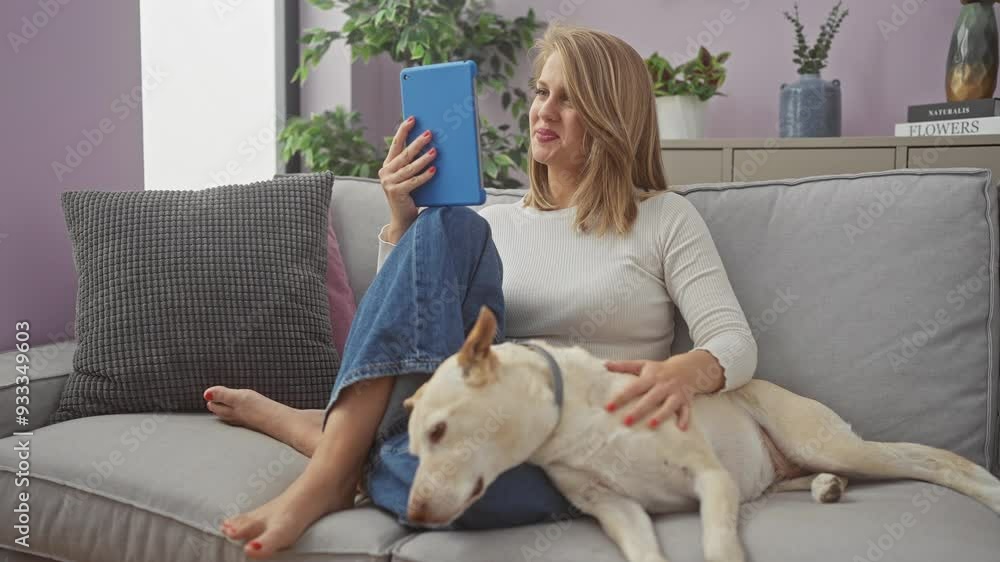 A cheerful woman takes a selfie with her dog on a cozy couch indoors, depicting a relaxed, pet-friendly home environment. A cheerful woman takes a selfie with her dog on a cozy couch indoors, depicting a relaxed, pet-friendly home environment.