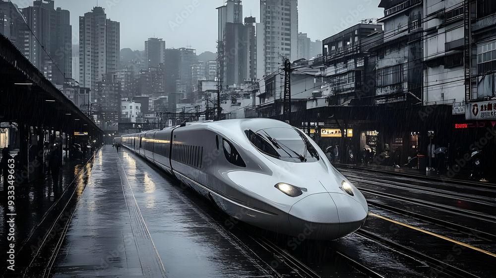 Naklejka premium A sleek, silver bullet train pulls into a rain-soaked station, surrounded by towering buildings.