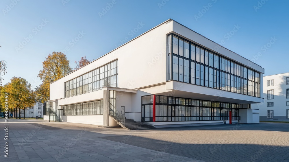 Fototapeta premium Modern architecture building with large windows and a concrete patio.