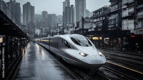 A sleek, silver bullet train pulls into a rain-soaked station, surrounded by towering buildings. photo