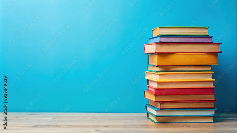 Colorful stack of books on blue background, perfect for book lover's collection or literary treasures Colorful stack of books on blue background, perfect for book lover's collection or literary treasures