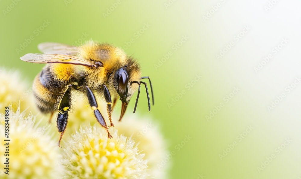 Close-up of a bee perched on a flower, showcasing its intricate details and vibrant colors against a soft green background. Close-up of a bee perched on a flower, showcasing its intricate details and vibrant colors against a soft green background.