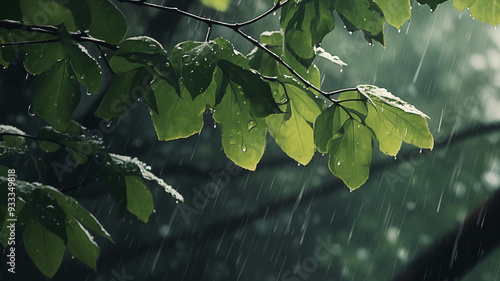 Raindrops on Green Leaves in a Peaceful Forest