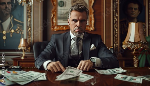 Portrait of a rich man in a suit, sitting at desk with dollars, opulent office, detailed facial features, captured in high definition.