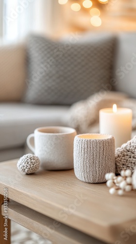 Cozy winter living room with scented candle and pinecone decorations