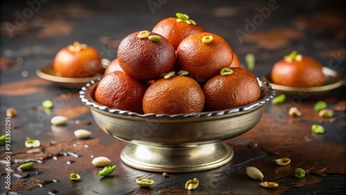 Delicious Indian dessert Gulab Jamun served in a silver bowl and garnished with pistachios , Indian cuisine, sweet