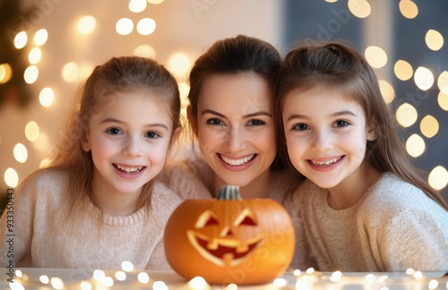 Children carving pumpkins for Halloween celebration in a decorated room