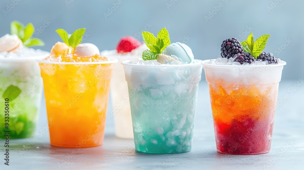 Colorful and refreshing drinks with crushed ice, garnished with fruits and mint, perfect for summer parties and celebrations. Colorful and refreshing drinks with crushed ice, garnished with fruits and mint, perfect for summer parties and celebrations.