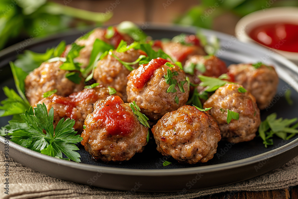 air fryer meatballs garnished with herbs and sauce on a black plate air fryer meatballs garnished with herbs and sauce on a black plate