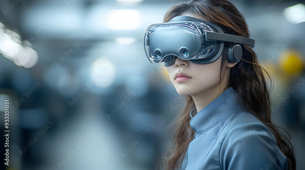 A woman in a futuristic setting wears VR goggles with a serious expression. A woman in a futuristic setting wears VR goggles with a serious expression.