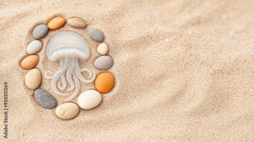Creative jellyfish arrangement with pebbles on soft sandy beach, showcasing nature's beauty and tranquility. Creative jellyfish arrangement with pebbles on soft sandy beach, showcasing nature's beauty and tranquility.