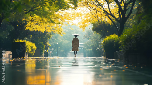A woman walks along a wet p...
