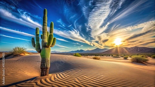 A majestic, solitary saguaro cactus stands tall amidst a sprawling expanse of sun-baked sand, its wavy arms stretching towards the vibrant blue desert sky. photo