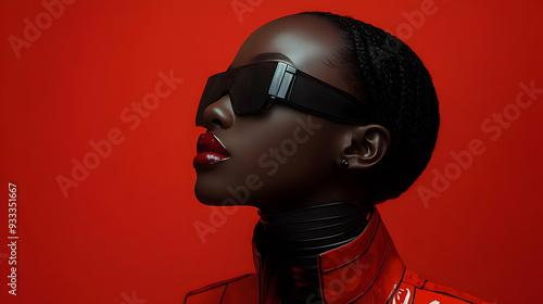 A woman with dark skin, wea...