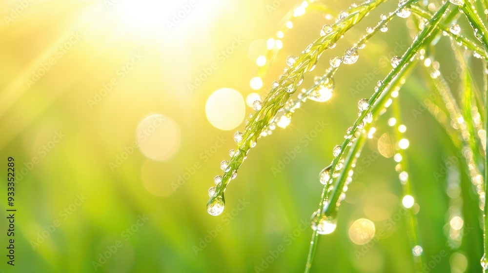 Obraz premium Morning sunlight illuminates dew-covered grass blades, creating a serene and refreshing nature scene.