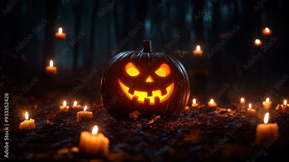 Fototapeta premium Sinister Glowing Pumpkin Surrounded by Candles in Enchanted Forest with Copy Space, Ultra HD