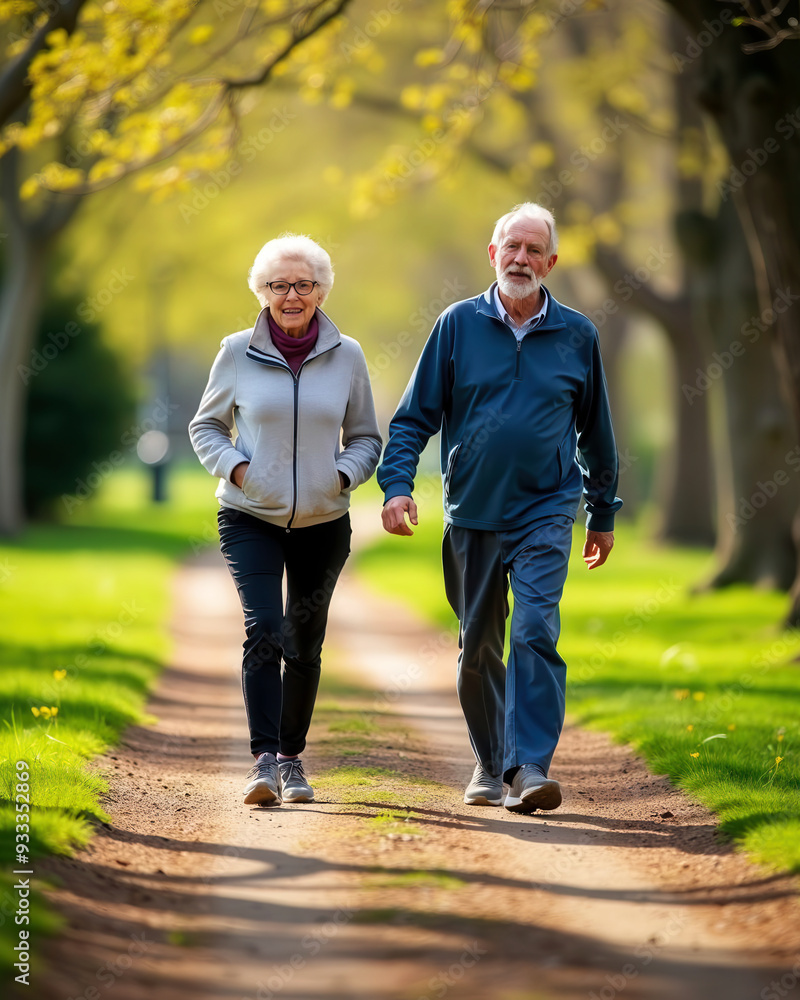Obraz premium Active, retired couple walking along a pathway through a park in spring.