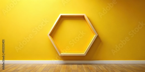 Hexagonal frame on yellow wall in vibrant gallery, hexagon, blank, frame, bright, yellow, wall, playful, gallery, vibrant