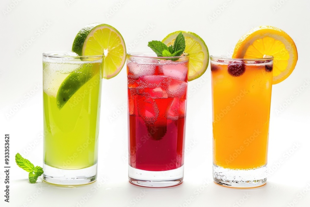 A row of three glasses filled with different colored drinks A row of three glasses filled with different colored drinks