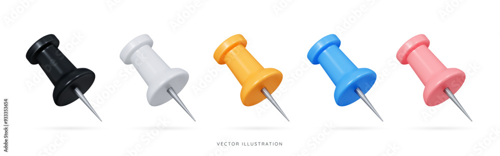 3D Push pin emoji icon set. Different colors thumbtack with metal needle. Office and school supplies. Stationery elements. Cartoon design objects isolated on white background. 3D Vector Illustration 3D Push pin emoji icon set. Different colors thumbtack with metal needle. Office and school supplies. Stationery elements. Cartoon design objects isolated on white background. 3D Vector Illustration