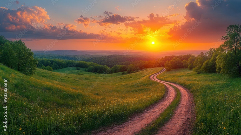 enchanting countryside panorama with winding road through lush green fields golden sunset painting clouds in vibrant hues enchanting countryside panorama with winding road through lush green fields golden sunset painting clouds in vibrant hues