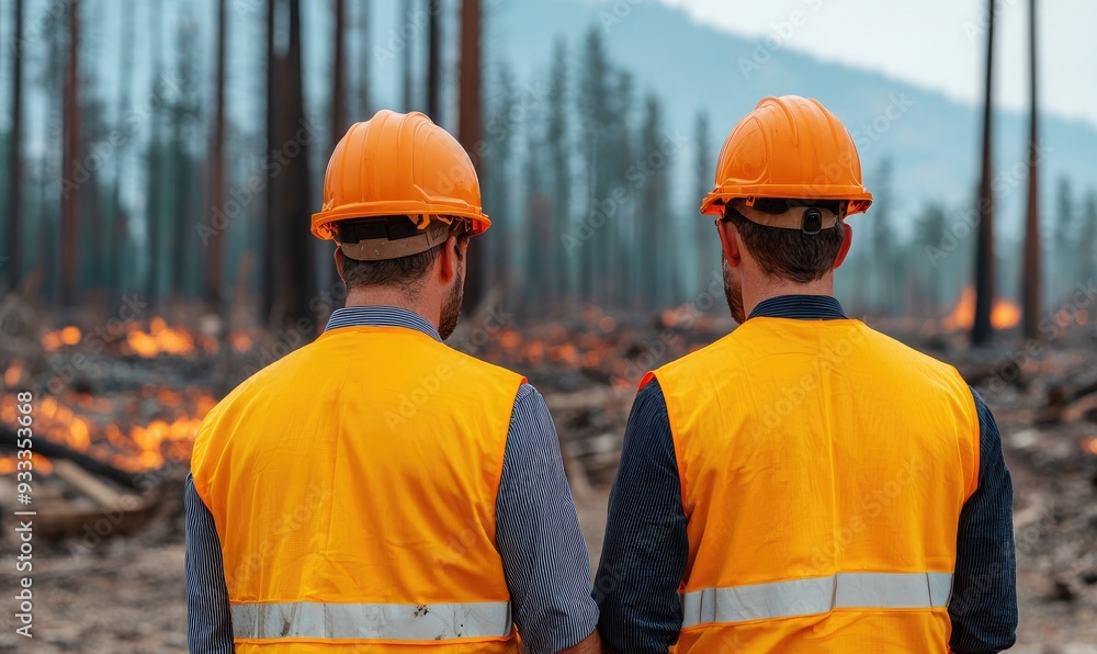 Two workers in safety gear observe a scorched forest, highlighting the impact of wildfires on the environment. Two workers in safety gear observe a scorched forest, highlighting the impact of wildfires on the environment.
